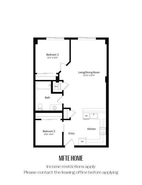 Floor plan for 2 beds, 1 bath, 881 sqft